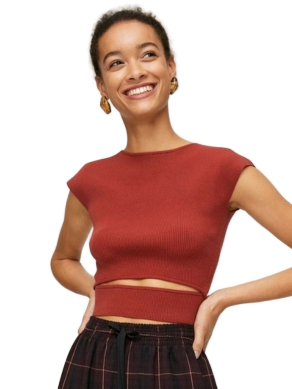 ARITZIA WILFRED Yacine Rust Brown Ribbed cap sleeve Cut Out Crop Top
